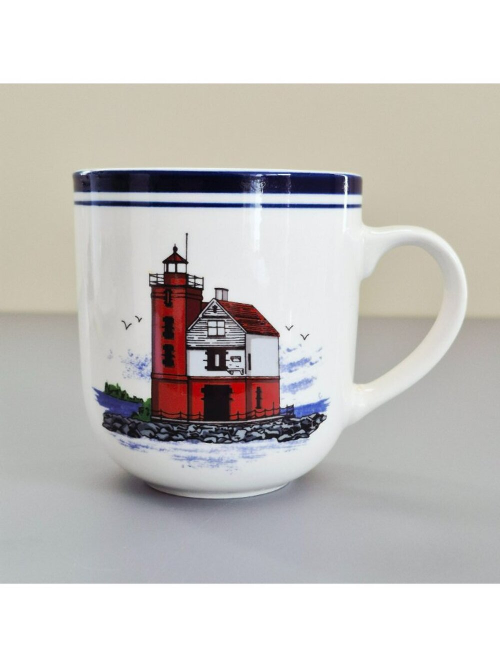 Libbey Lighthouse Coffee Mug Set of 2, Red, Blue & White Nautical Coffee Cups - Picture 3 of 10